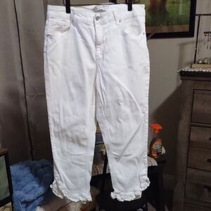 White Ruffle-Hem Cropped Jeans for Women